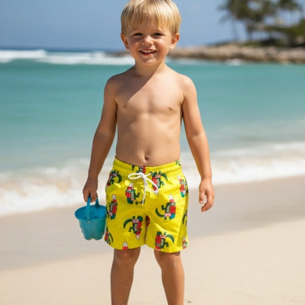 Surfing Alligator Print Swim Shorts Drawstring Lined Quick Dry Kids 6/7